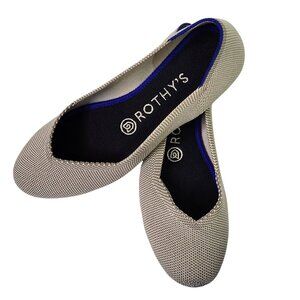 Rothy's Soft Flax Birdseye Neutral Beige Blue trim Round Toe Ballet Flats 6.5